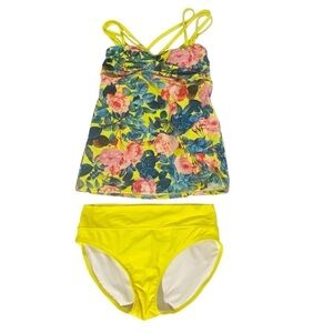Lime Ricki Tankini Set Sz M Top and Sz L Bottom Yellow / Pink Floral